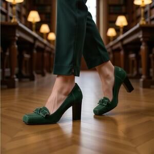 VIA SPIGA Italian Green Suede Square Toe Block Heel Designer Pumps Preppy 6.5